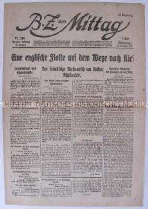 Berliner Tageszeitung "B.Z. am Mittag" zum Einzug der Entente-Streitkräfte in die von den deutschen Truppen geräumten Gebiete (Rheinland, Nordsee)