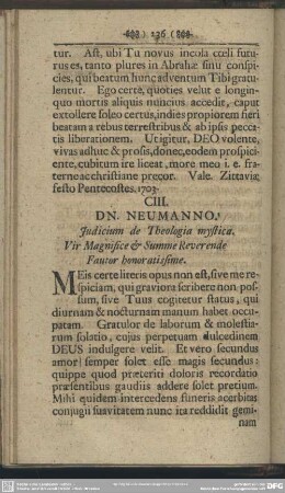 CIII. DN. NEUMANNO. Judicium de Theologia mystica