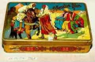 Blechdose für Zigaretten? "Abadie flor" (Abbildung orientalischer Männer, einer zu Pferde)