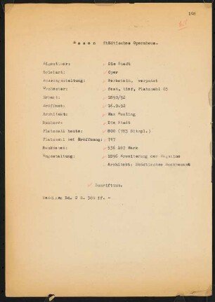Stadttheater (auch: Grillo-Theater), Essen: Schriftstück zum Fragebogen für das Handbuch »Das Deutsche Theater«