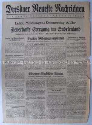 Abendausgabe (Nachrichtenblatt) der "Dresdner Neueste Nachrichten" zur Lage in der Tschechoslowakei am Vorabend des Münchener Abkommens