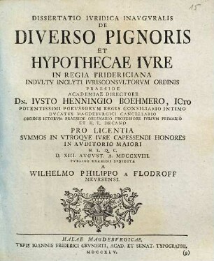 Dissertatio Ivridica Inavgvralis De Diverso Pignoris Et Hypothecae Ivre