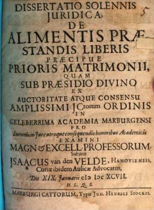 Diss. sol. iur. de alimentis praestandis liberis, praecipue prioris matrimonii