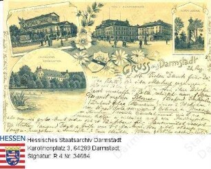 Darmstadt, Einzelansichten / Hoftheater und Kriegerdenkmal; Post und Alexanderpalais; Flotow-Denkmal; Jagdschloss Kranichstein