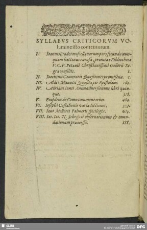 Syllabus Criticorum Volumine isto contentorum
