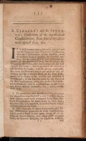 St.Clement's and St. Irenæus's Vindication Of The Apostolical Constitutions, from Several Objections made against them, &c.