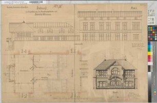 Entwurf zur Vergrößerung des Empfangsgebäudes auf Bahnhof Altenessen, Blatt 1: Ansichten, Grundriß, M. 1:50 Hge, Sknr.: 1, Fanr.: 9, Bunr.: 6