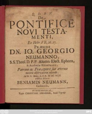 De Pontifice Novi Testamenti : Ex Hebr. VII, 26. 27.