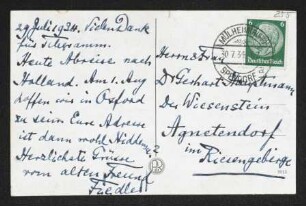 Brief von Hermann Georg Fiedler an Gerhart Hauptmann und Margarete Hauptmann