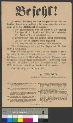 Anordnung zur Lockerung des Belagerungszustandes in der                                     Stadt Braunschweig durch General Maercker