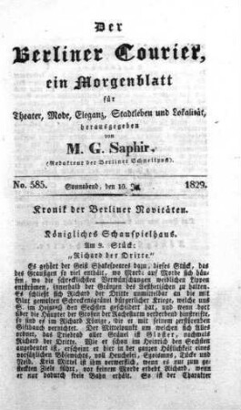 No. 585., Sonnabend, den 10. Ja[nuar] 1829
