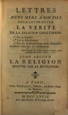 Lettres d'une mère à son fils pour lui prouver la vérité de la religion chrétienne, 2. La Religion Prouvée Par La Révélation