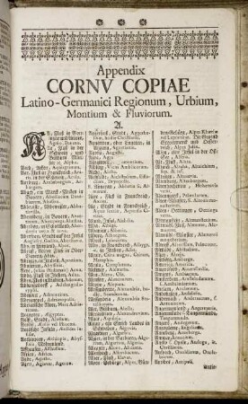 Appendix Cornu Copiae Latino-Germanici Regionum, Urbium, Montium & Fluviorum.