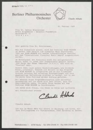 Brief an Sabine Breitwieser an Erste Allgemeine Generali Foundation, 16.02.1994