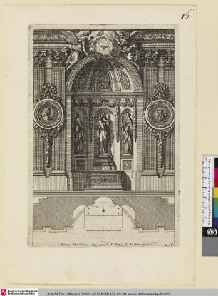 [Altarentwurf mit einer Skulptur der Madonna mit Kind flankiert von zwei Heiligenfiguren in einer Nische; Autel orné d'une statue de Vierge à l'Enfant entre deux saints]