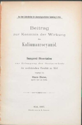 Beitrag zur Kenntnis der Wirkung des Kaliumaurocyanid