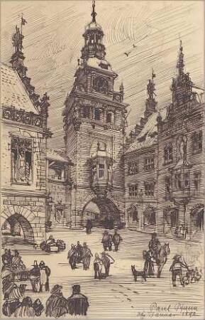 Pfann, Paul; Perspektivische Zeichnungen - Stadttor mit Nachbargebäuden (Perspektive)