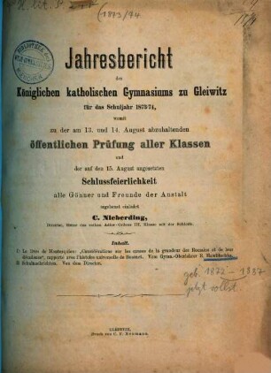 Jahresbericht : für das Schuljahr .... 1873/74