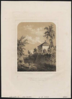 Ansicht vom Schillerhäuschen in Dresden-Loschwitz, Lithographie, um 1860 : Schiller-Haus in Loschwitz bei Dresden / nach einer Photographie von B. Deghardt. H. Krabbes lith. - Leipzig : Werl , [um 1860]. - 1 Kunstbl. : Lithogr. ; 14 x 17 cm