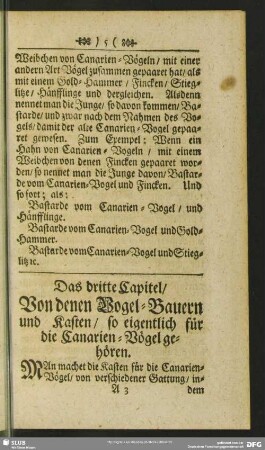 Das dritte Capitel, Von denen Vogel-Bauern und Kasten, so eigentlich für die Canarien-Vögel gehören
