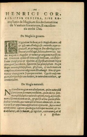 Henrici Cor. Agrippae Censura, Sive Retractatio de Magia, ex sua declamatione de Vanitate scientarum, & excellentia verbi Dei.