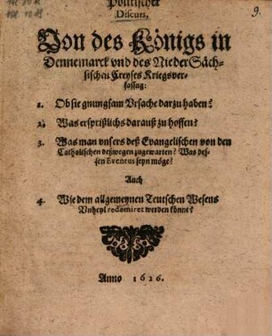 Politischer Discurs, Von des Königs in Dennemarck und des Nieder Sächsischen Creyses Kriegsverfassung