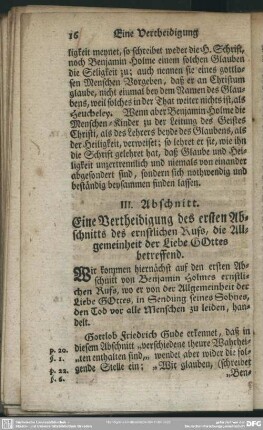 III. Abschnitt. Eine Vertheidigung des ersten Abschnitts des ernstlichen Rufs, die Allgemeinheit der Liebe Gottes betreffend