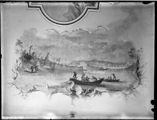 Baitenhausen Wallfahrtskapelle Sankt Maria zum Berg Karmel Deckengemälde von Johann Wolfgang Baumgartner (um 1760) Gründungslegende der Kapelle Bodenseelandschaft mit Ansicht von Konstanz und Meersburg