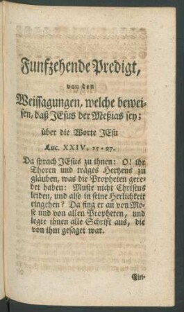 Funfzehende Predigt, von den Weissagungen, welche beweisen, daß Jesus der Meßias sey ...