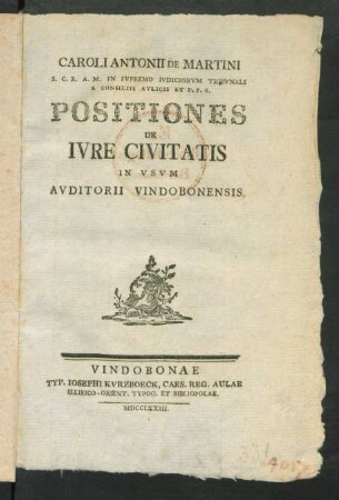 Caroli Antonii De Martini S. C. R. A. M. In Supremo Iudiciorum Tribunali A Consiliis Aulicis Et P. P. O. Positiones De Iure Civitatis In Usum Auditorii Vindobonensis
