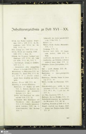 Inhaltsverzeichnis zu Heft XVI - XX