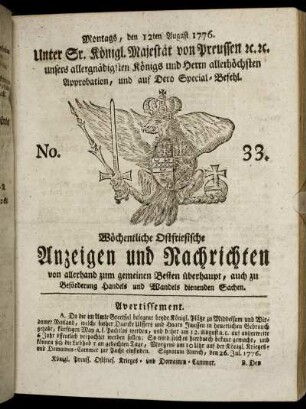 No. 33. Montags, den 12ten August 1776.