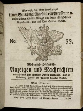 No. 33. Montags, den 12ten August 1776.