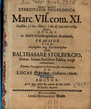 Exercitatio Philologica Ad Marc. VII. com. XI. ...