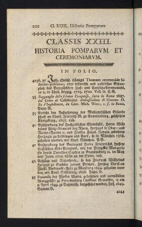 202-233, Classis XXIII: Historia Pomparum et Ceremoniarum - Classis XXIX: Encyclopaedia &c.