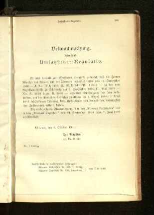 Bekanntmachung, betreffend Umsatzsteuer-Regulativ.