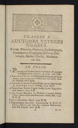 1-33, Classis I.: Auctores Veteres Graeci