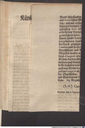 Käyserliches Commissions-Decret, Betreffend der Chur-Fürsten und Stände Gutachten und Consens, wie es künfftig mit dem Florentinischen und Parmesanischen Groß-Hertzogthumb nach Abgang des jetzigen Manns-Stam[m]es zu halten, und ob das Reich Ihre Käyserl. Majestät zu Schliessung des Friedens zu Cambray bevollmächtigen oder aber eine eigene Reichs-Deputation zu solchem Congress abschicken wolle? : publice dictirt Regenspurg den 9. Sept. 1720. per Moguntinum