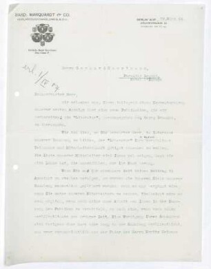 Brief von Julius S... Bard von Marquardt & Co. Bard  an Gerhart Hauptmann