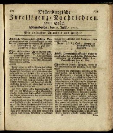 XVIII. Stück. Sonnabends: den 31. Julii / 1773.