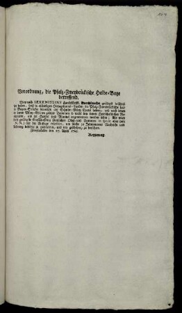 Verordnung, die Pfalz-Zweybrückische Halbe-Batze betreffend : Zweybrücken den 27. April 1765.