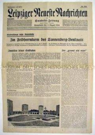 Tageszeitung "Leipziger Neueste Nachrichten" zur Beisetzung von Hindenburg am Tannenberg-Denkmal