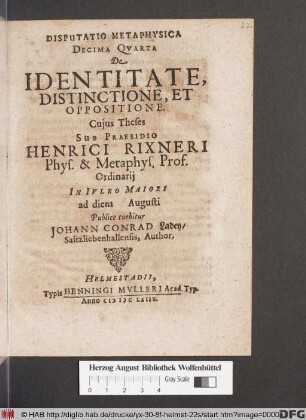 Disputatio Metaphysica Decima Quarta De Identitate, Distinctione, Et Oppositione