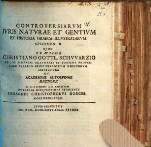 Controversiarvm Ivris Natvrae Et Gentivm Ex Historia Graeca Illvstratarvm Specimen ..., II.