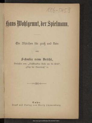 Hans Wohlgemut, der Spielmann : ein Märchen für groß und klein