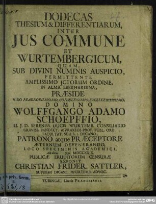 Dodecas Thesium & Differentiarum, Inter Ius Commune Et Wurtembergicum