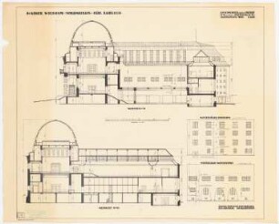 Kaiser-Wilhelm-Volkshaus für Lübeck: Aufriss der Ostseite des Westflügels und der Westseite des Mittelbaus 1:100, Maßstabsleiste; Längsschnitte durch den Osthof und durch den Ostflügel 1:100, Maßstabsleiste