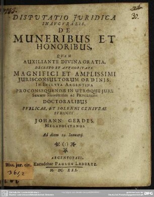 Disputatio Juridica Inavgvralis , De Muneribus Et Honoribus