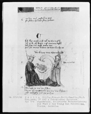 Fränkisches Losbuch — König vom Mohrenlande, Fische und der Prophet Jeremia, Folio 11verso