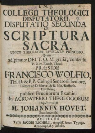 Collegii Theologici Disputatorii, Disputatio Secunda De Scriptura Sacra, Unico Theologiae Revelatae Principio